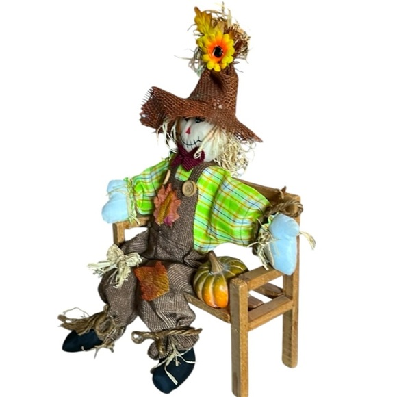 Fall Scarecrow Sitting on a Wooden Bench with a Pumpkin Autumn Scene Fall Decor - Picture 5 of 7